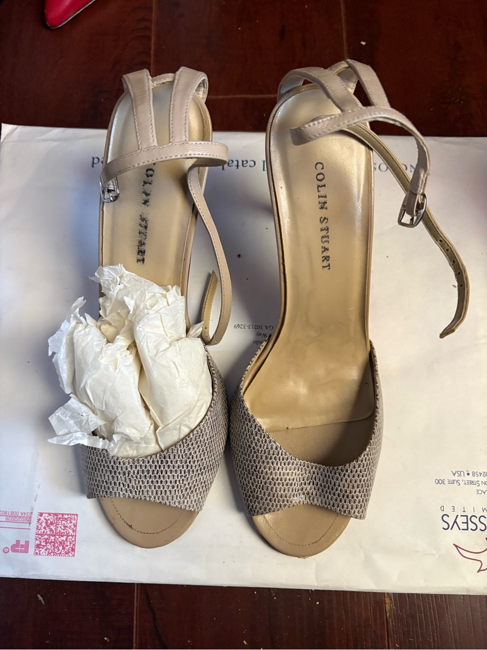 Colin Stuart Taupe Textured Open-Toe Ankle-Strap Heels